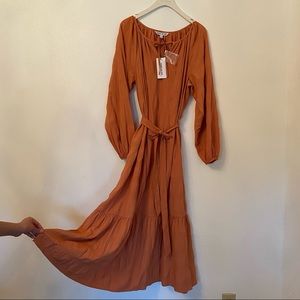 ELIZABETH AND JAMES TIERED BELTED MIDI DRESS